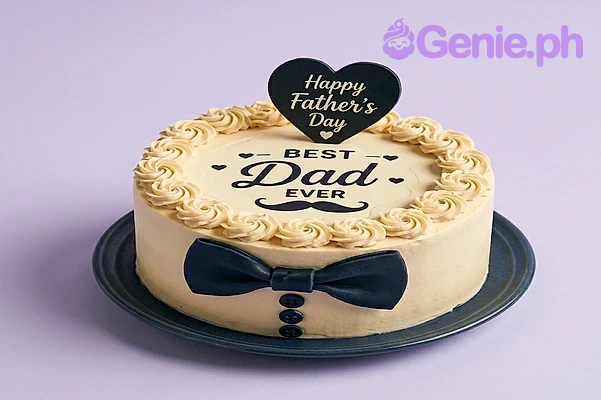 Father's Day Ivory Bow Cake Beige 1-tier Father's Day cake with black bow tie and Best Dad Ever message