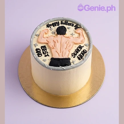 Father's Day Ivory Cake Cream colored single-tier cake with a muscular man back figure and Father's Day messages