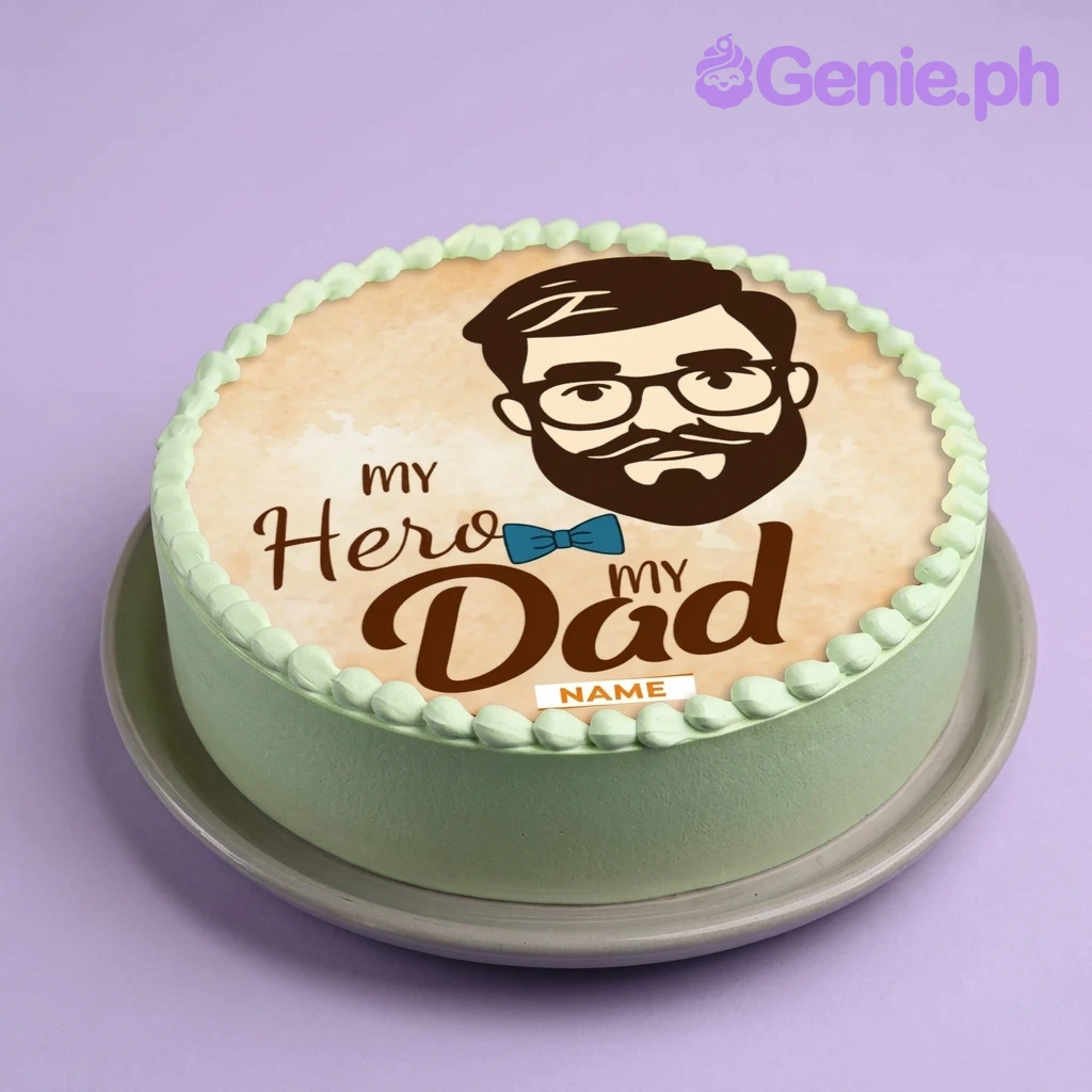 Light green minimalist cake for Father's Day featuring a printed graphic of a bearded man with glasses and 'My Hero My Dad' message. Light green minimalist cake for Father's Day featuring a printed graphic of a bearded man with glasses and 'My Hero My Dad' message.