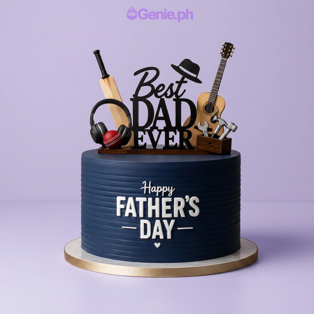 Father's Day Navy Cake Navy blue single-tier cake for Father's Day with Best Dad Ever topper and hobby-themed decorations