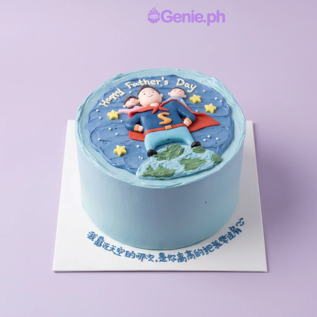 Father's Day Sky Blue Cake Light blue 1-tier cake for Father's Day with a fondant Superman father figure carrying two children and yellow star accents
