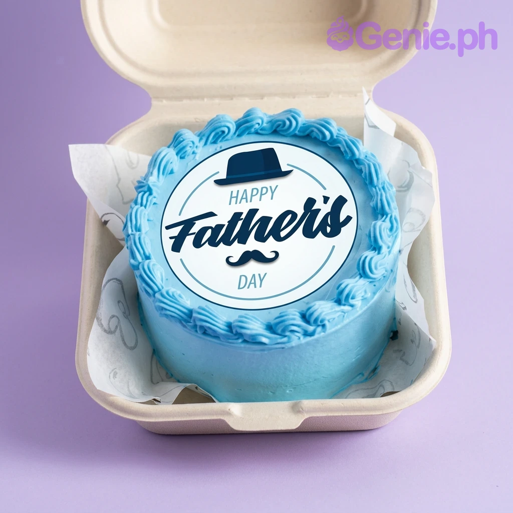 Father's Day Sky Blue Bento Cake Light blue bento cake for Father's Day with a printed topper featuring a hat and mustache design.