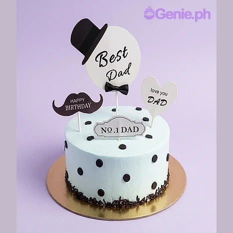 Father's Day White Heart Cake White 1-tier cake for Father's Day with printed Best Dad and mustache toppers and black icing polka dots