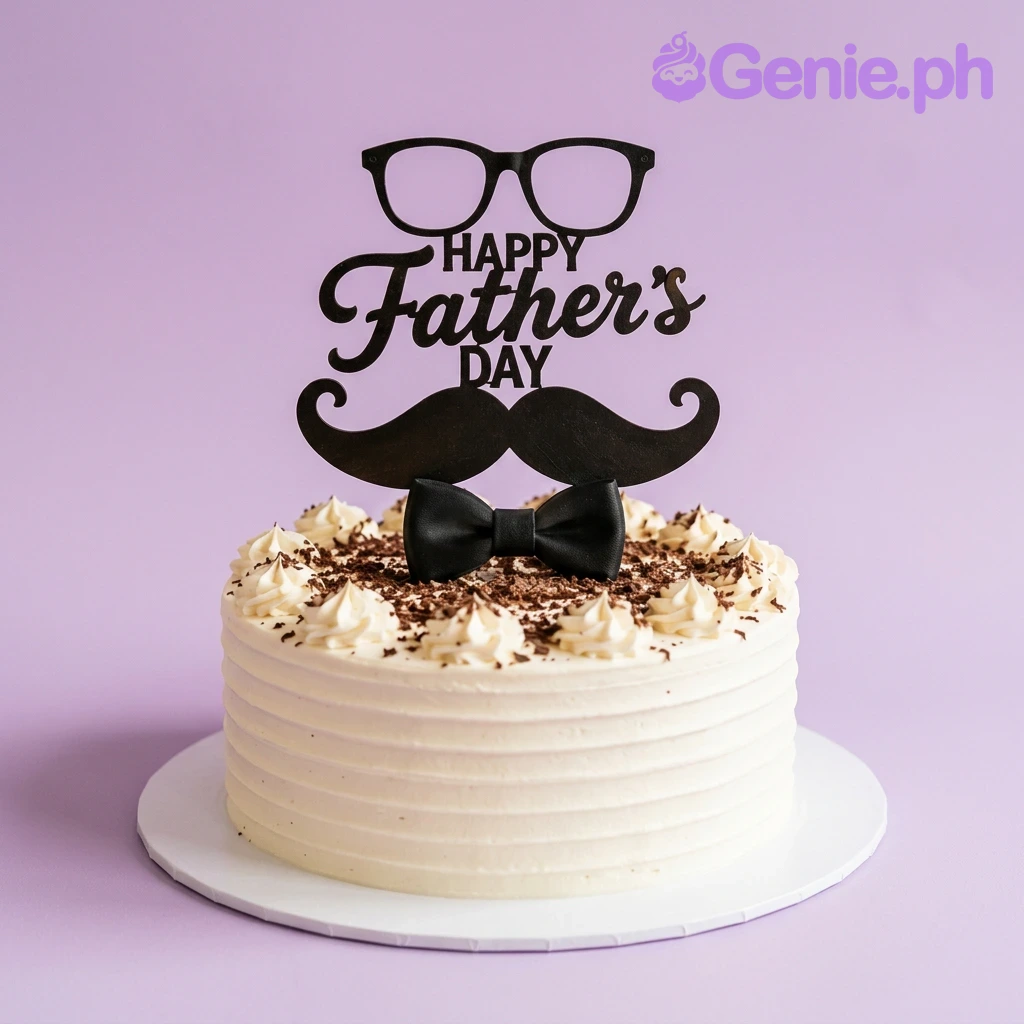 Father's Day White Bow Cake White textured soft icing cake for Father's Day with chocolate shavings and a black glasses and mustache topper.
