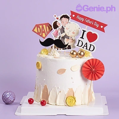 Father's Day White Heart Cake White 1-tier Father's Day cake with cartoon dad printout and red paper fan decoration