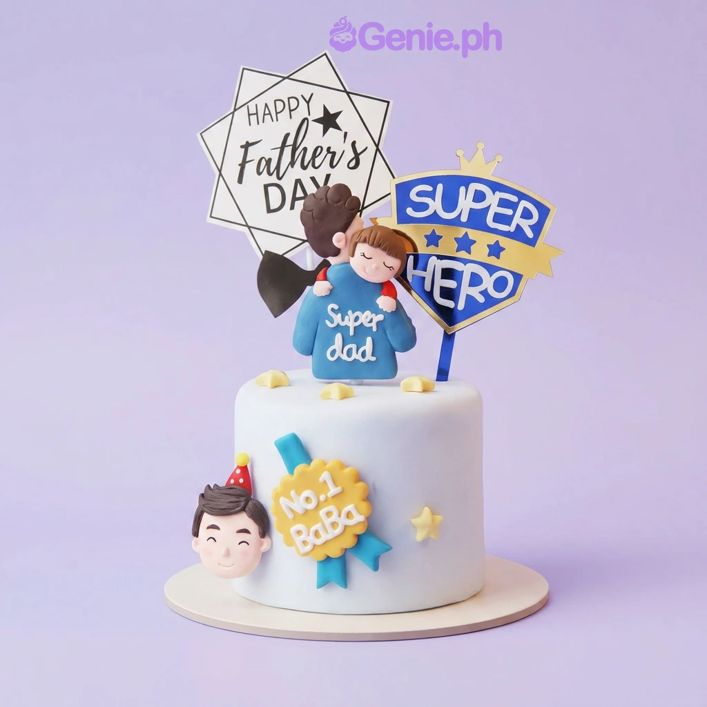 White 1-tier fondant cake for Father's Day with a fondant dad carrying child topper and Super Hero sign
