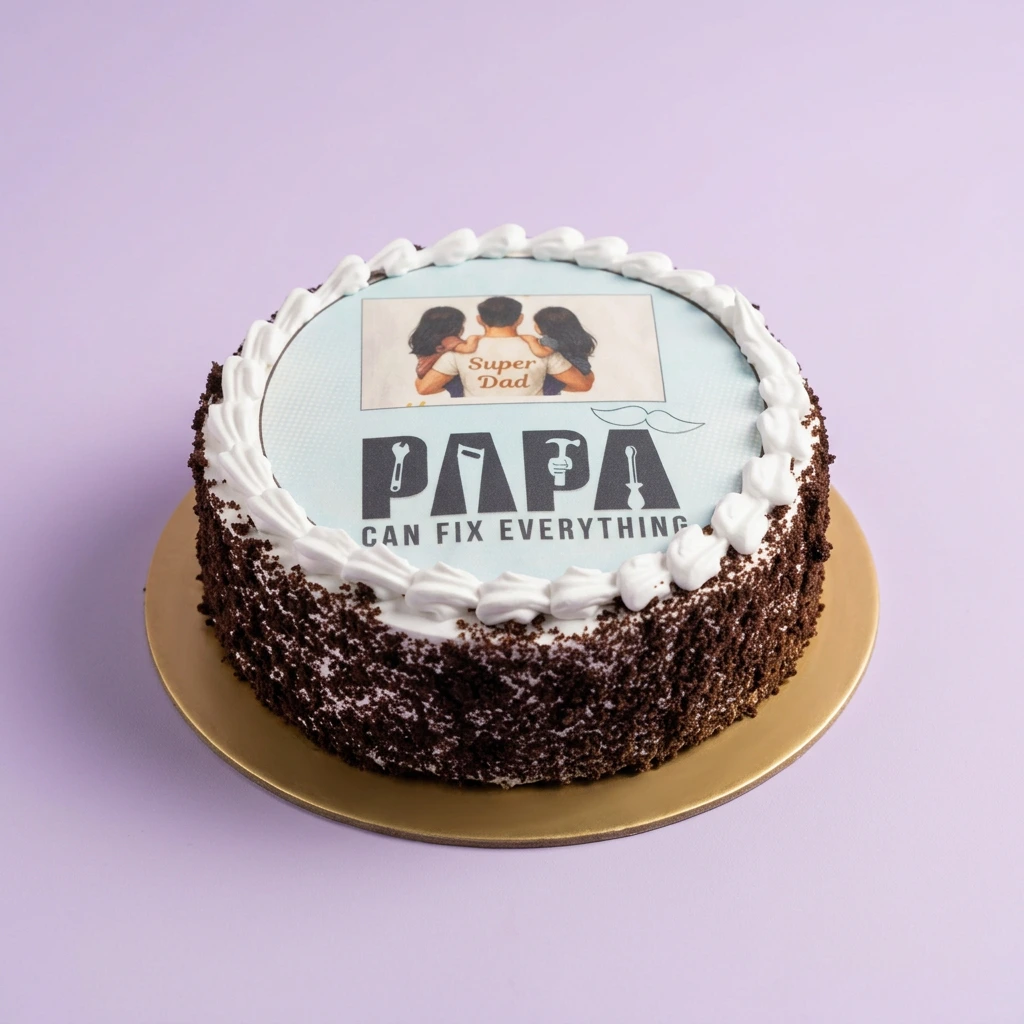 Round bento cake with edible photo print of a father and children and text Papa Can Fix Everything