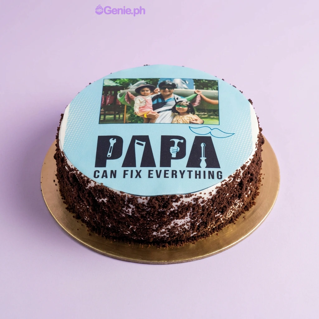 Bento cake with edible photo print of a family and Papa Can Fix Everything text