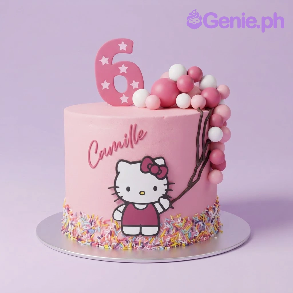 Hello Kitty-Inspired Pink Birthday Cake Pink 1-tier cake with Hello Kitty printout, number 6 topper, and fondant balloon cluster