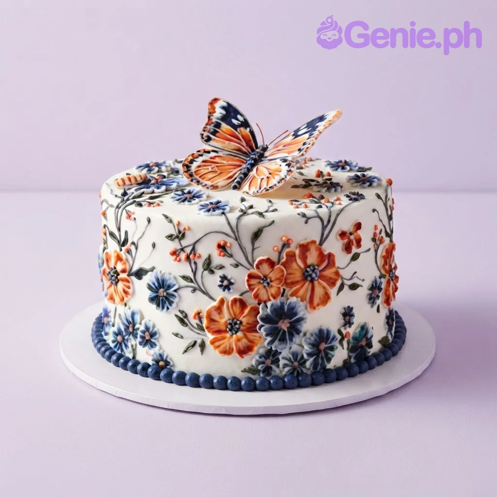 Butterfly Floral White Cake White 1-tier fondant cake with a butterfly topper and intricate blue and orange floral side doodles