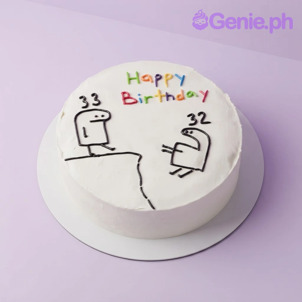 Flork Birthday Cake White round cake with smooth soft icing featuring hand-piped black Flork of Cows stick figures and colorful Happy Birthday text