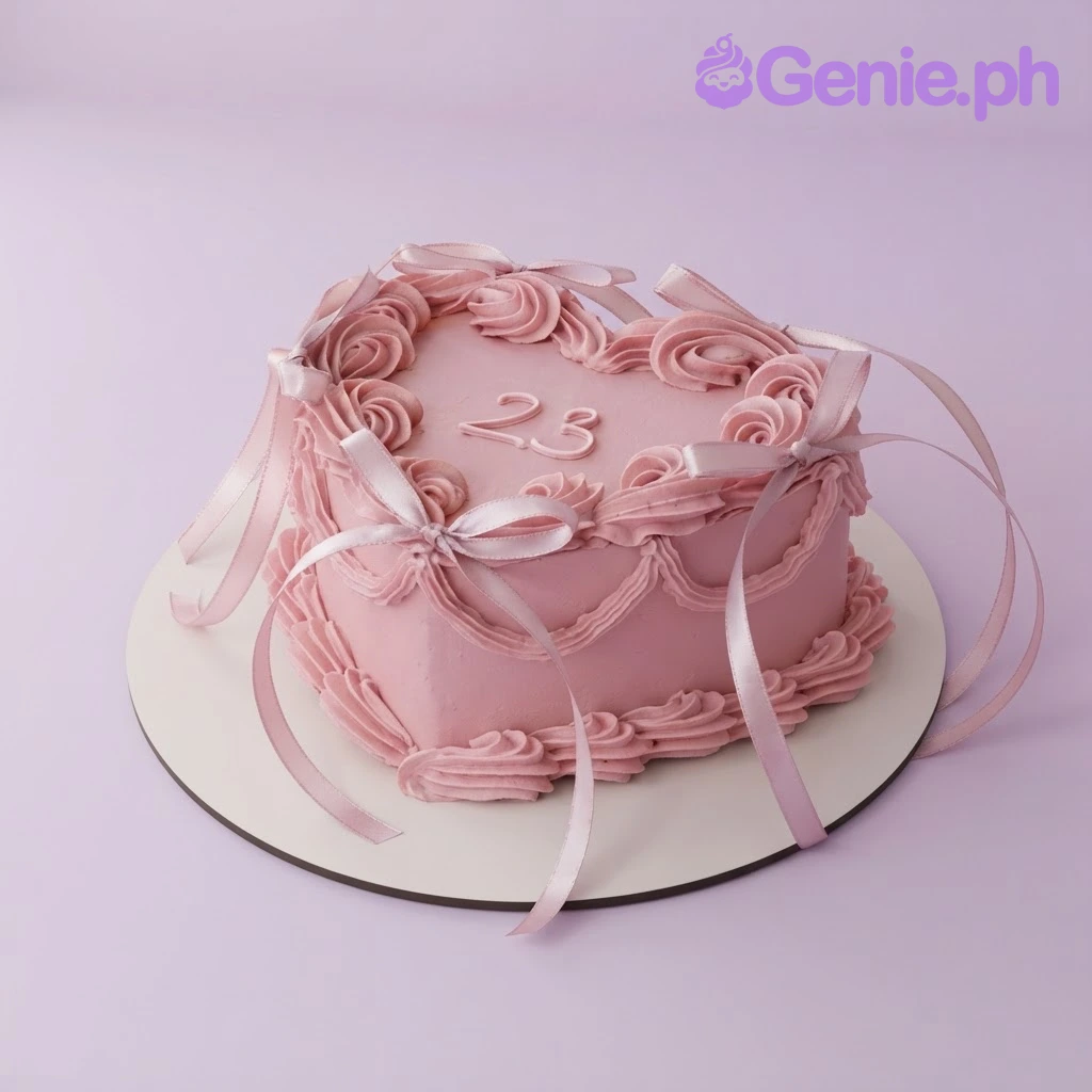 Pink Ribbon Heart Birthday Cake Pink heart cake with soft icing finish, piped rosettes, and light pink ribbon bows