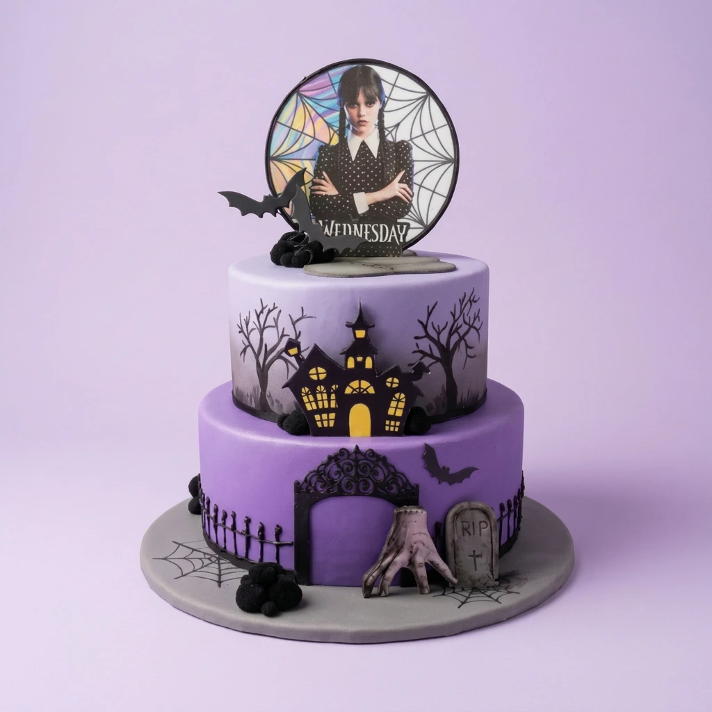 Purple 2-tier Wednesday Addams themed cake with haunted house and graveyard decorations