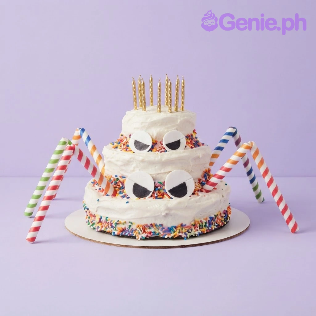 Spider White 3-Tier Birthday Cake White 3-tier birthday cake with soft icing, colorful sprinkles, striped paper spider legs, and paper eyes