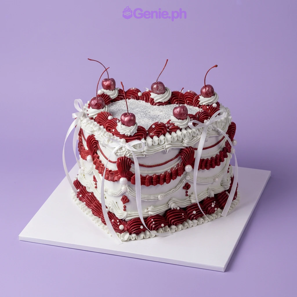 Vintage Red Cake Square white cake with red piped borders, white satin ribbons, and red cherries on top.