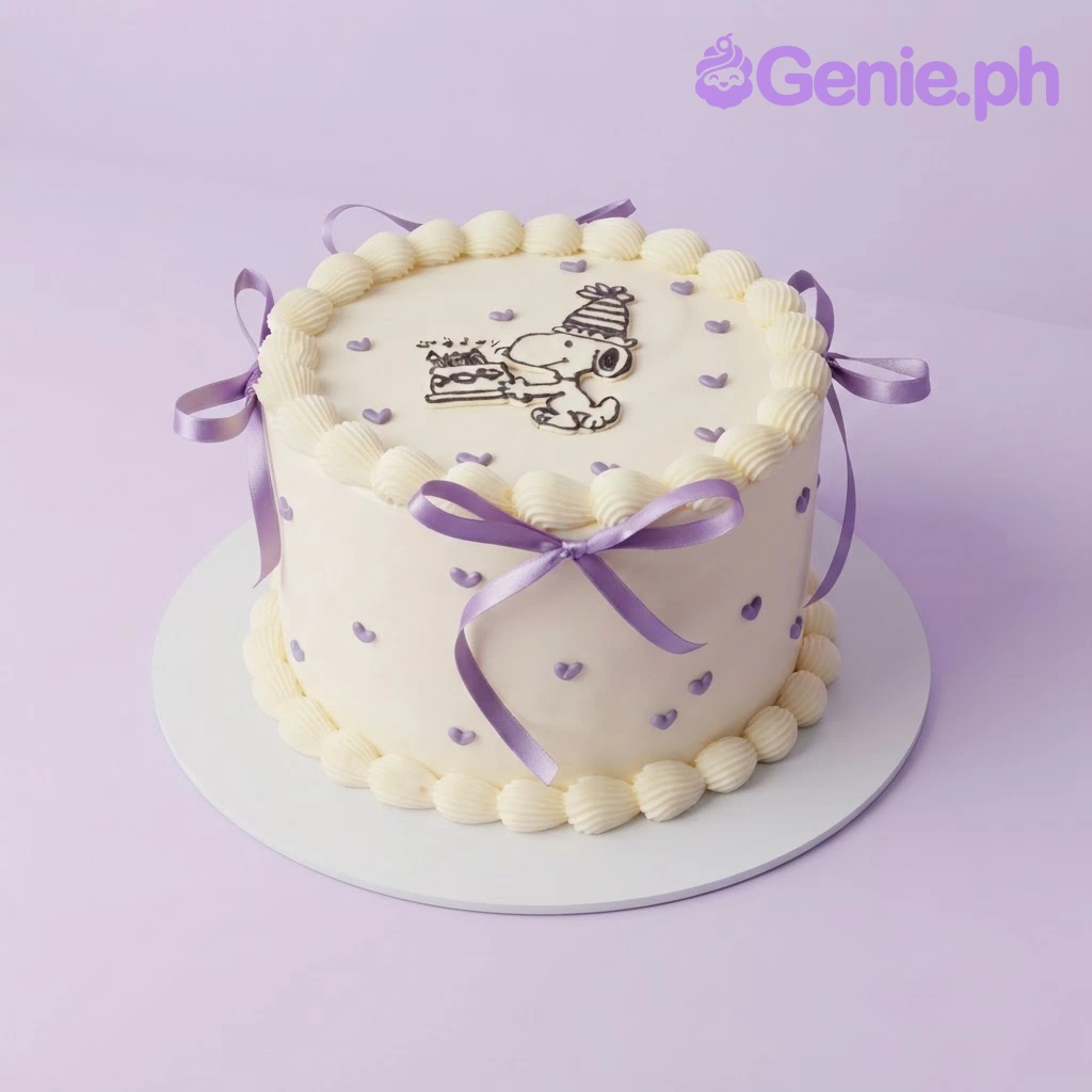 Snoopy Minimalist Ivory Birthday Cake Light yellow 1-tier soft icing cake with a Snoopy hand-drawn doodle, purple piped hearts, and satin bows