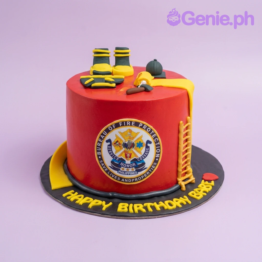 Firefighter Red Birthday Cake A Red and Black 1 Tier Fondant Firefighter cake, featuring a BFP logo, fire gear, yellow ladder, and fire hose.