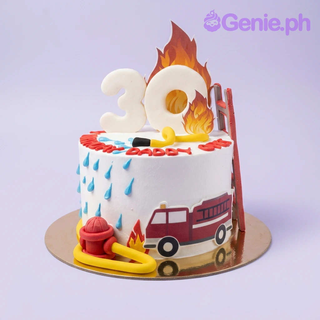 Firefighter White Birthday Cake A white 1-tier cake themed around Firefighter, featuring a large white number 30, fire flames, and a red fire ladder, accented with a red fire truck and yellow hose.