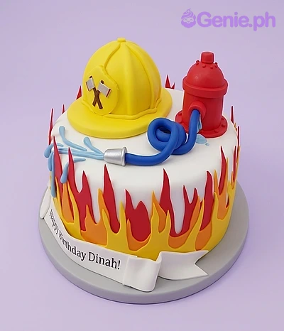 Firefighter White Birthday Cake Firefighter themed cake with a yellow helmet, red fire hydrant, blue hose, and fondant flames on a white base.