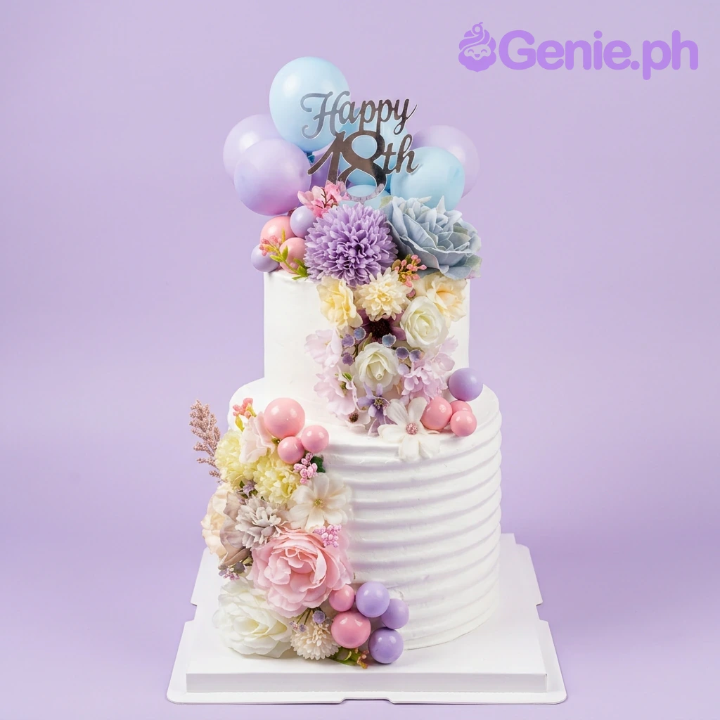 Floral 18th White 2-Tier Birthday Cake White 2-tier floral birthday cake with purple and pink artificial flowers, gold 18th topper, and pink plastic balls.