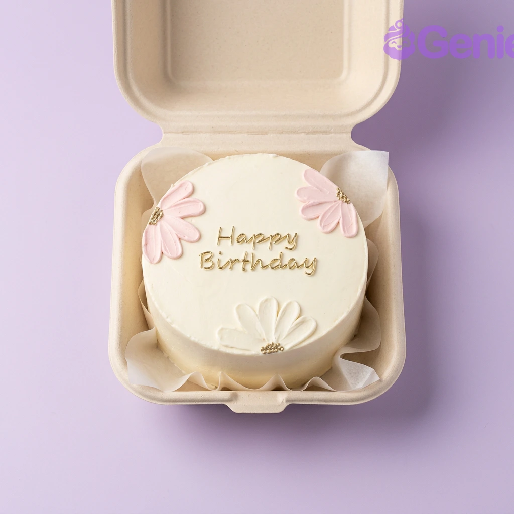 Floral Bento White Birthday Cake A white bento cake, floral-themed, with pink and white palette knife icing flowers, gold centers, and a gold 'Happy Birthday' message.