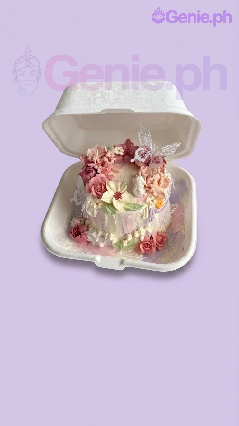 Floral Bento Cake A white, pink, and peach Bento cake with a floral theme, featuring an angel figurine, white butterflies, icing flowers, and pastel watercolor sides.