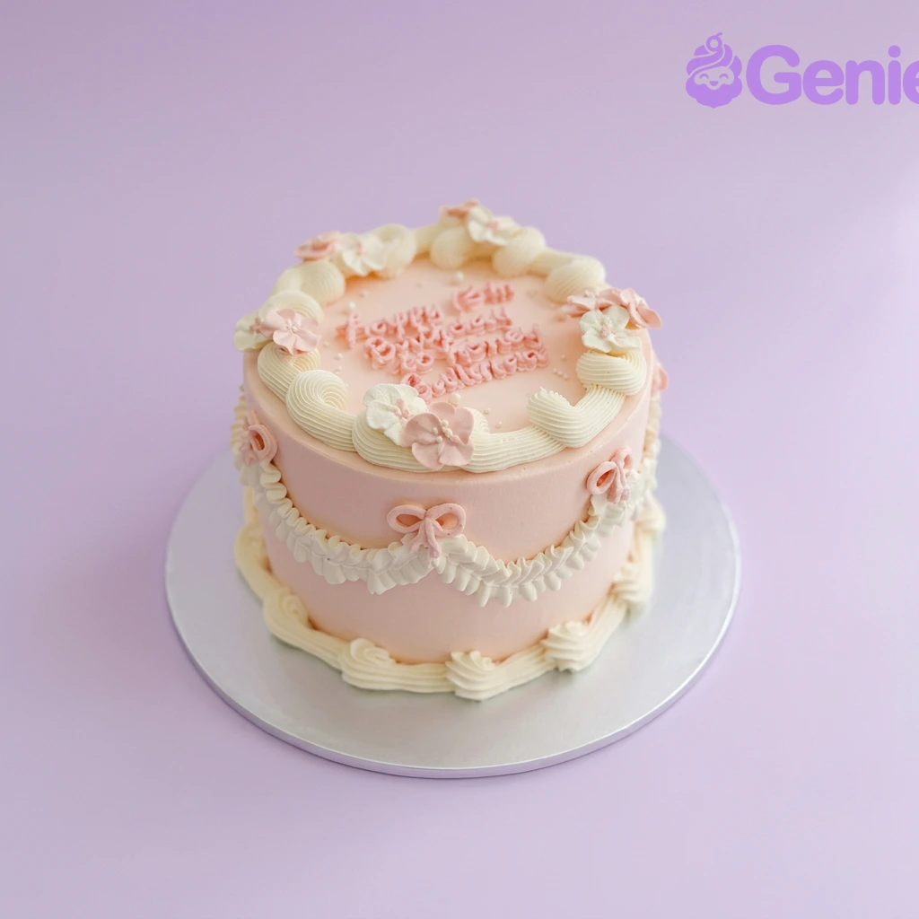 Floral Birthday Light Pink Cake Light pink 1-tier birthday cake with piped white icing swags and small edible flowers