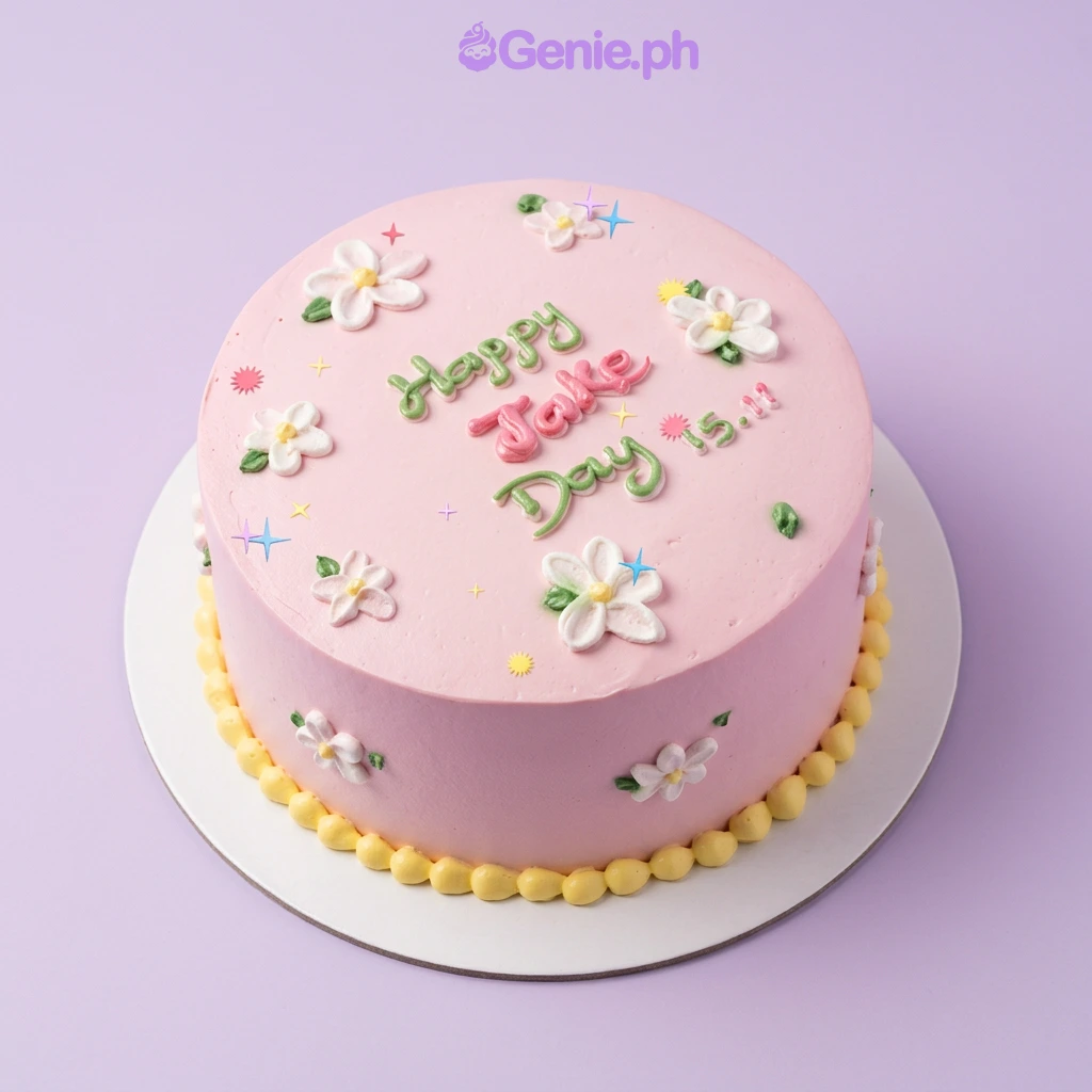 Floral Birthday Pink Cake Pink single-tier cake with piped white flowers and yellow border