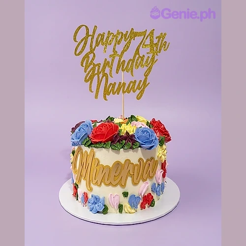 Floral Birthday White Cake White 1-tier birthday cake with colorful piped icing flowers and gold glitter Happy 74th Birthday Nanay topper