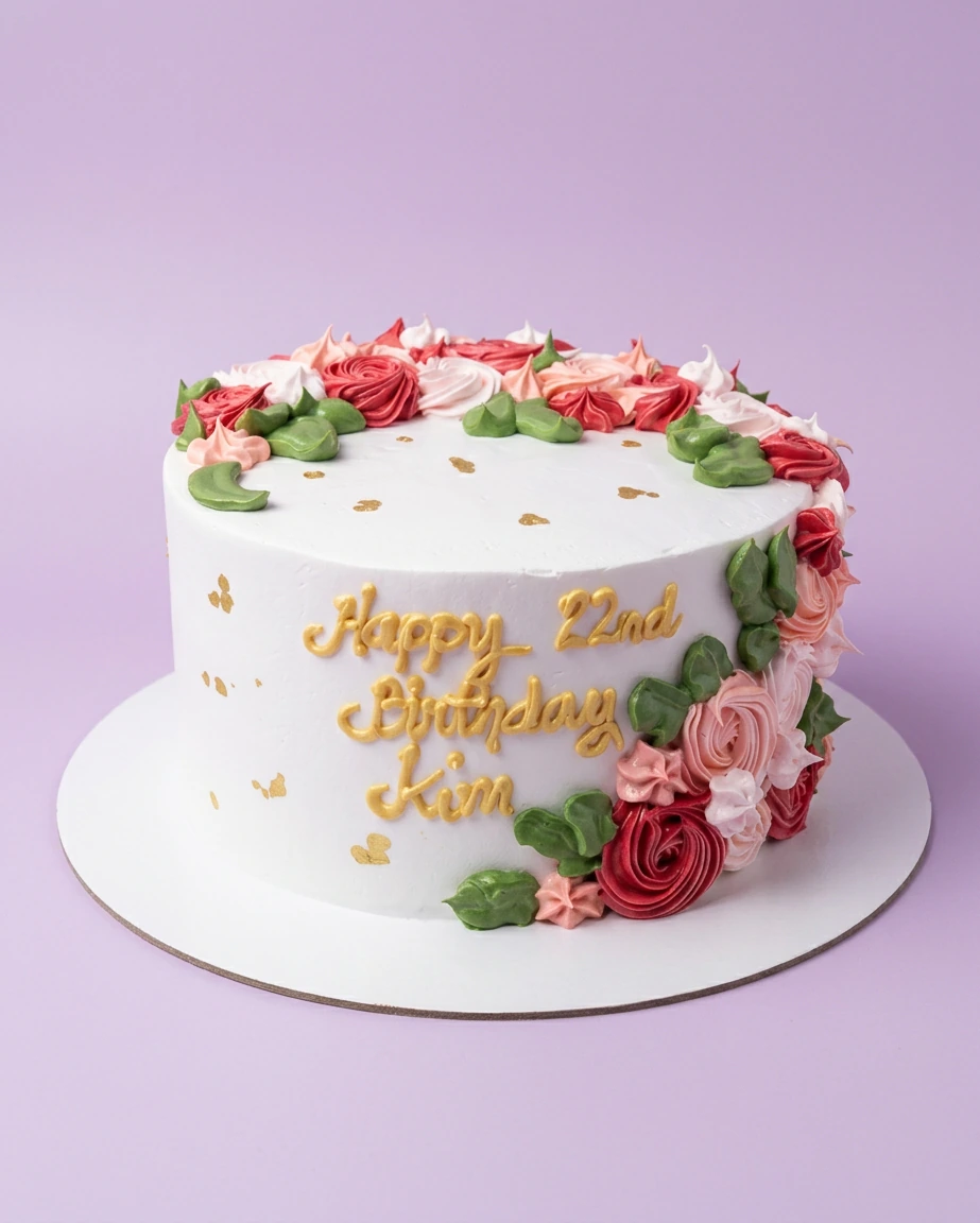 White round birthday cake with pink and red icing rosettes, green leaves, and gold lettering for Kim's 22nd birthday.