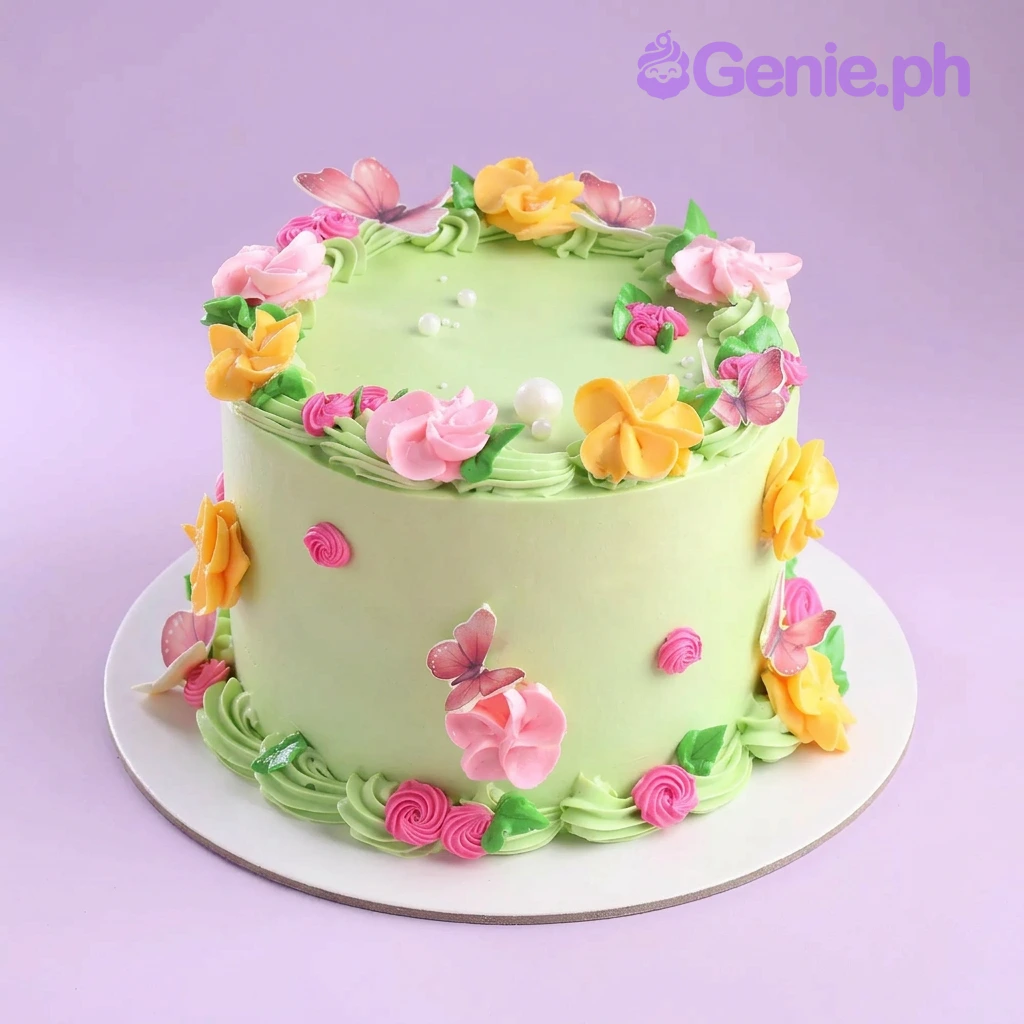 Floral Butterfly Mint Birthday Cake Light green 1-tier cake with piped icing flowers and butterfly printouts