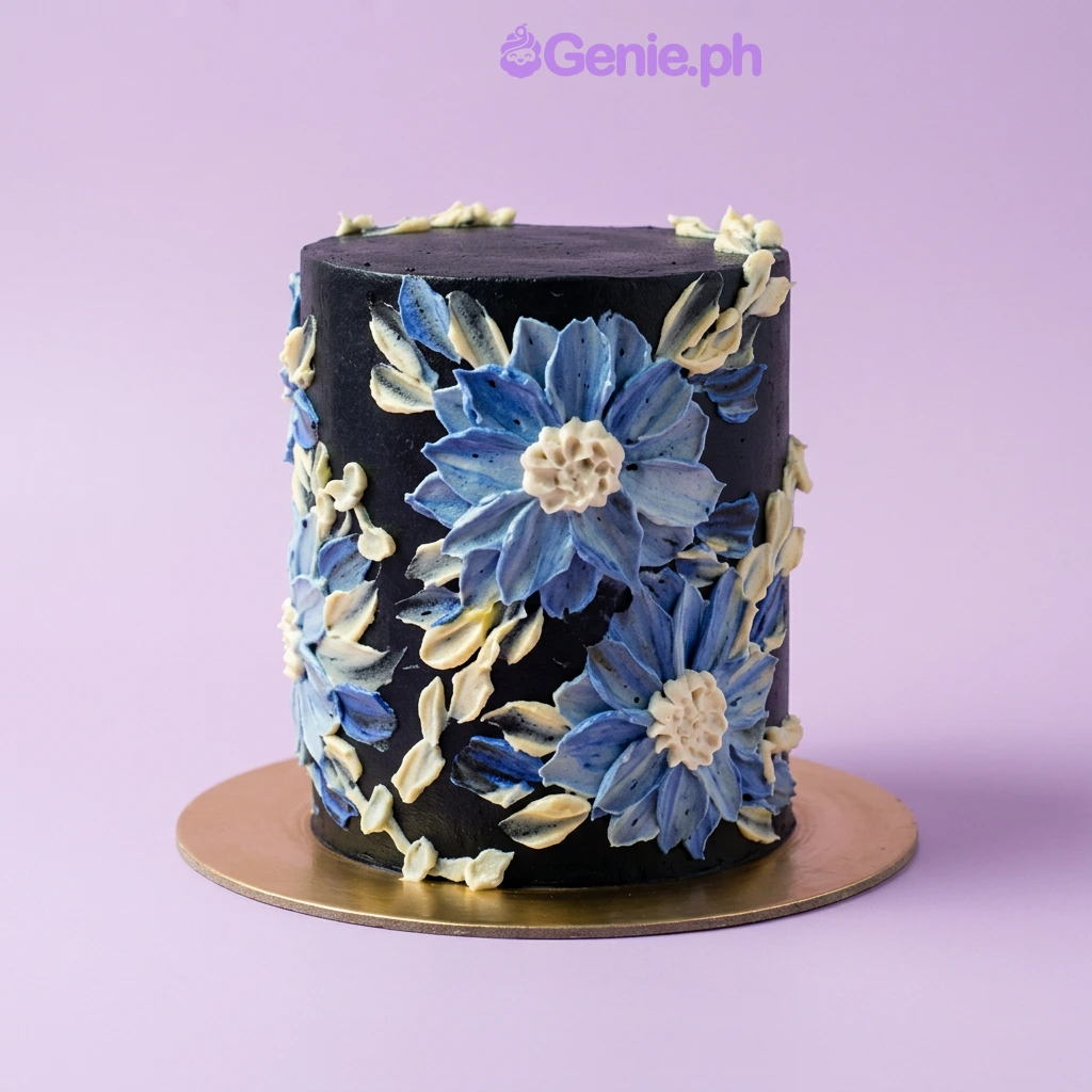 Black 1-tier cake with blue and white palette knife painted buttercream flowers