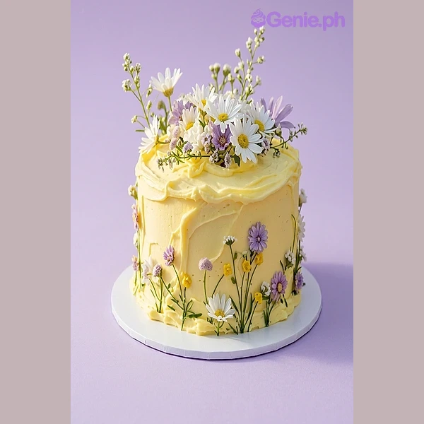 Floral Ivory Cake One tier soft-iced cake with fresh daisies and purple flowers