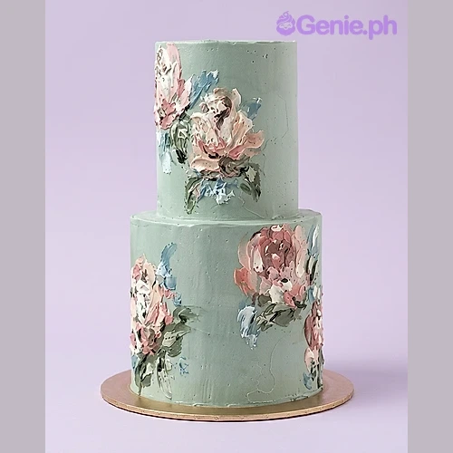 Floral Mint 2-Tier Birthday Cake Two-tier sage green cake with hand-painted floral designs on the sides