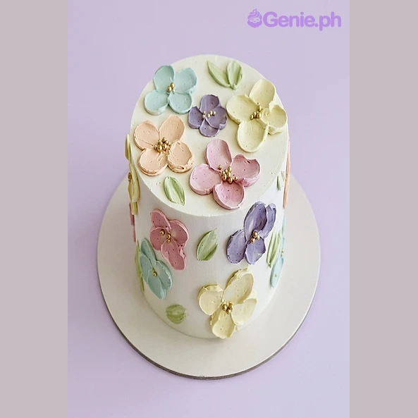 Floral White Cake One tier cake with white soft icing and pastel palette knife flowers