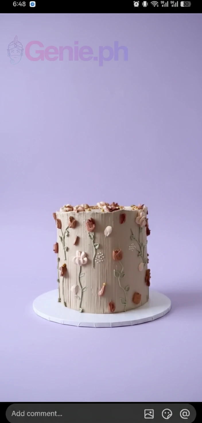 Tall beige minimalist cake with vertical textured icing and delicate palette knife floral designs in brown, peach, and white with gold beads.