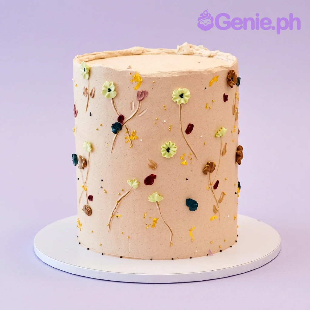 Floral Minimalist Ivory Birthday Cake Beige single-tier cake with colorful piped icing flowers and palette knife petals