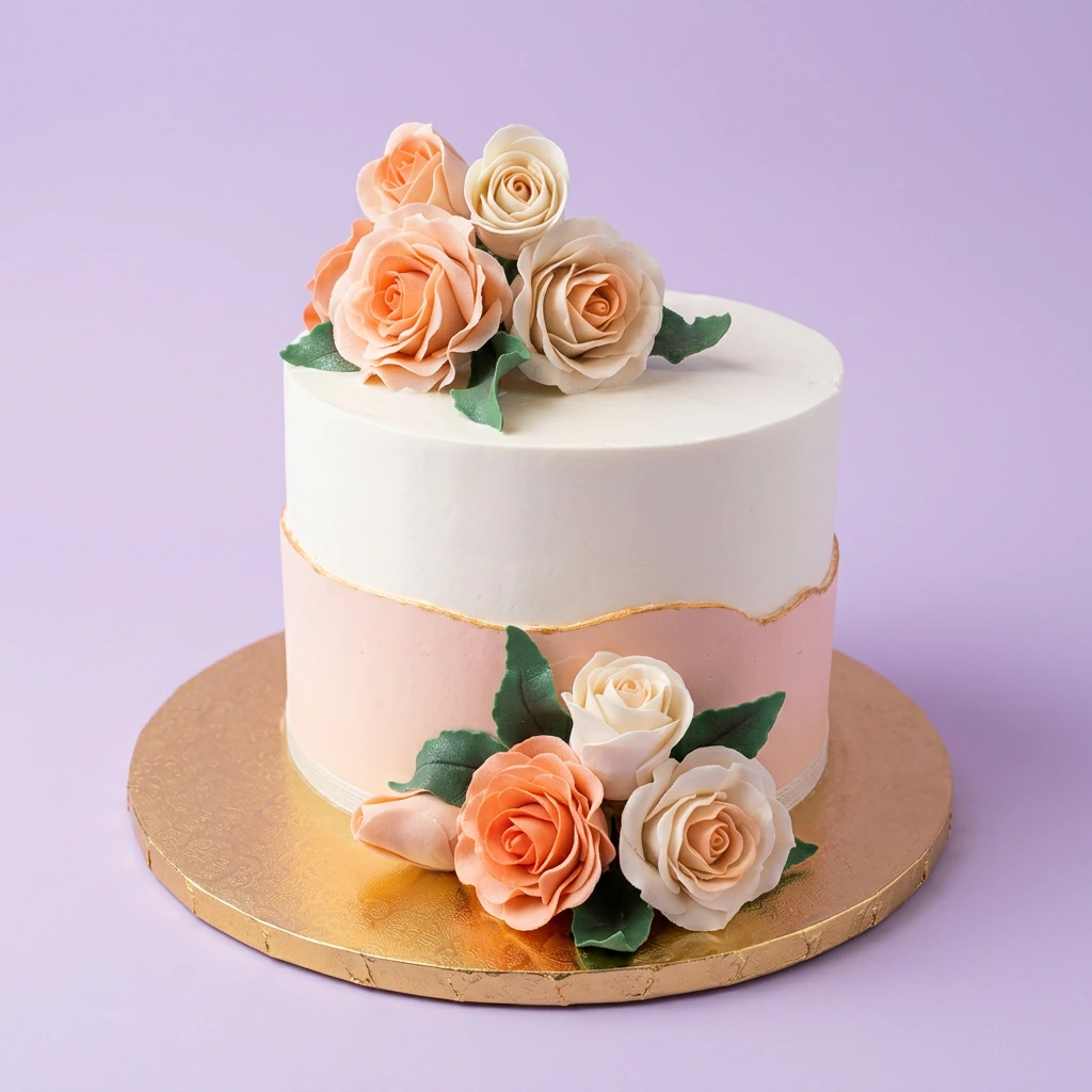 Elegant white and pink single tier cake decorated with realistic peach and ivory gumpaste roses and gold painted edges.