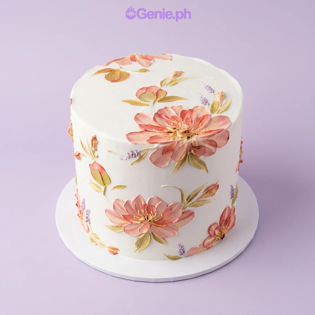 Floral Minimalist White Birthday Cake White single-tier cake with hand-painted pink and peach floral icing decorations