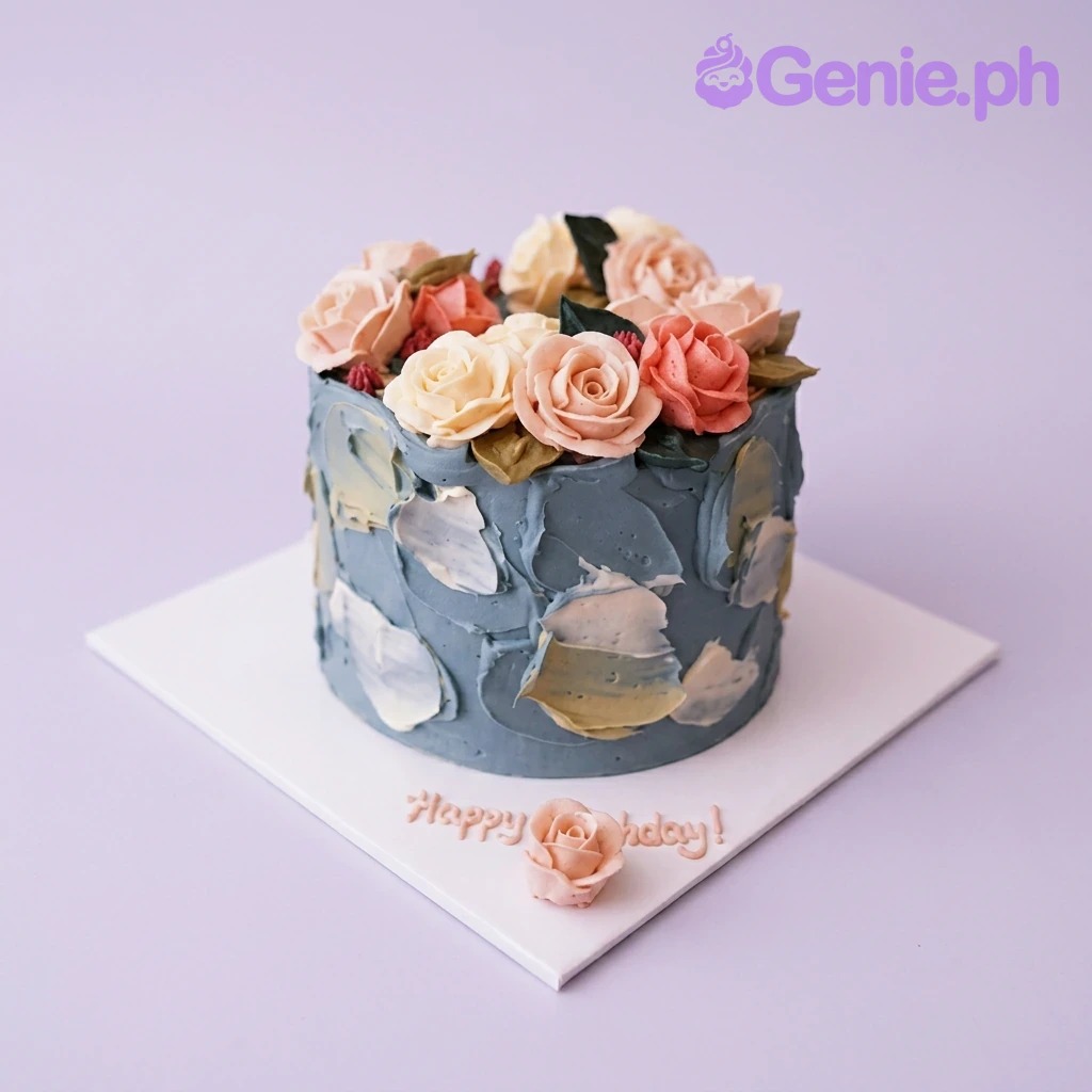 A blue 1-tier Floral Palette Knife cake with textured ivory and gold icing, topped with peach and ivory edible roses.