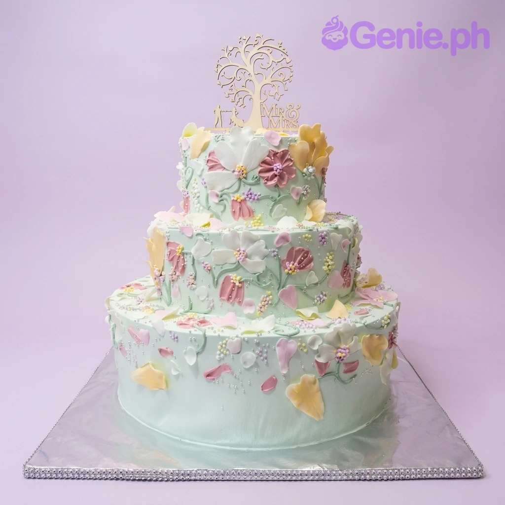 Floral Palette Knife Mint 3-Tier Wedding Cake A mint green three-tier cake with pink, white, yellow floral palette knife designs, topped with a wooden tree topper.