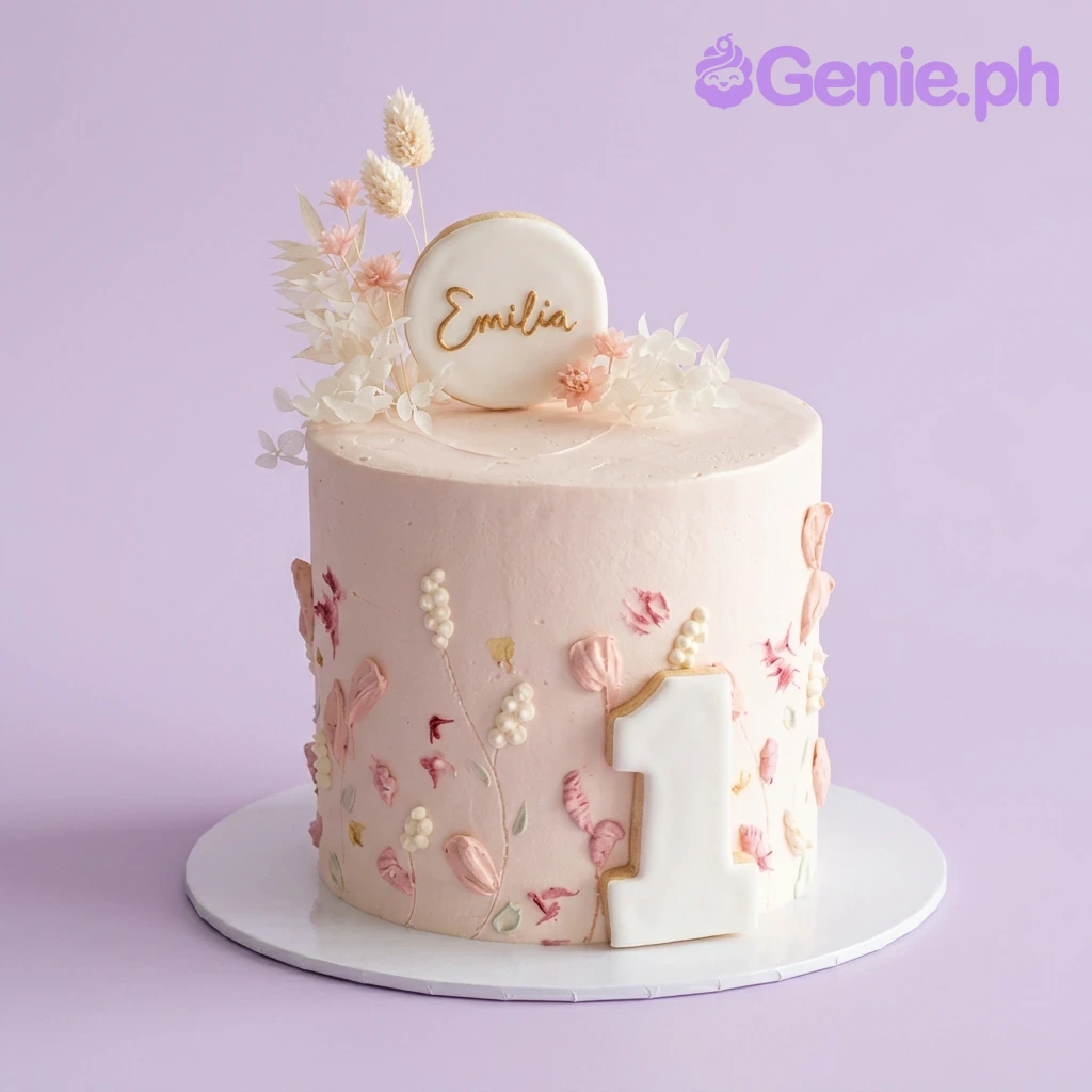 A light pink 1-tier cake with palette knife floral icing, a white number one, and a personalized name cookie.
