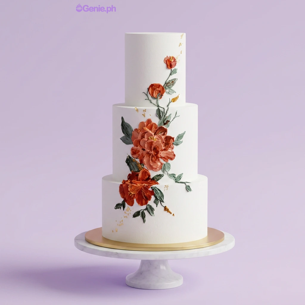 A white 3-tier cake themed around Floral Palette Knife, featuring orange and red palette knife flowers and gold leaf accents.