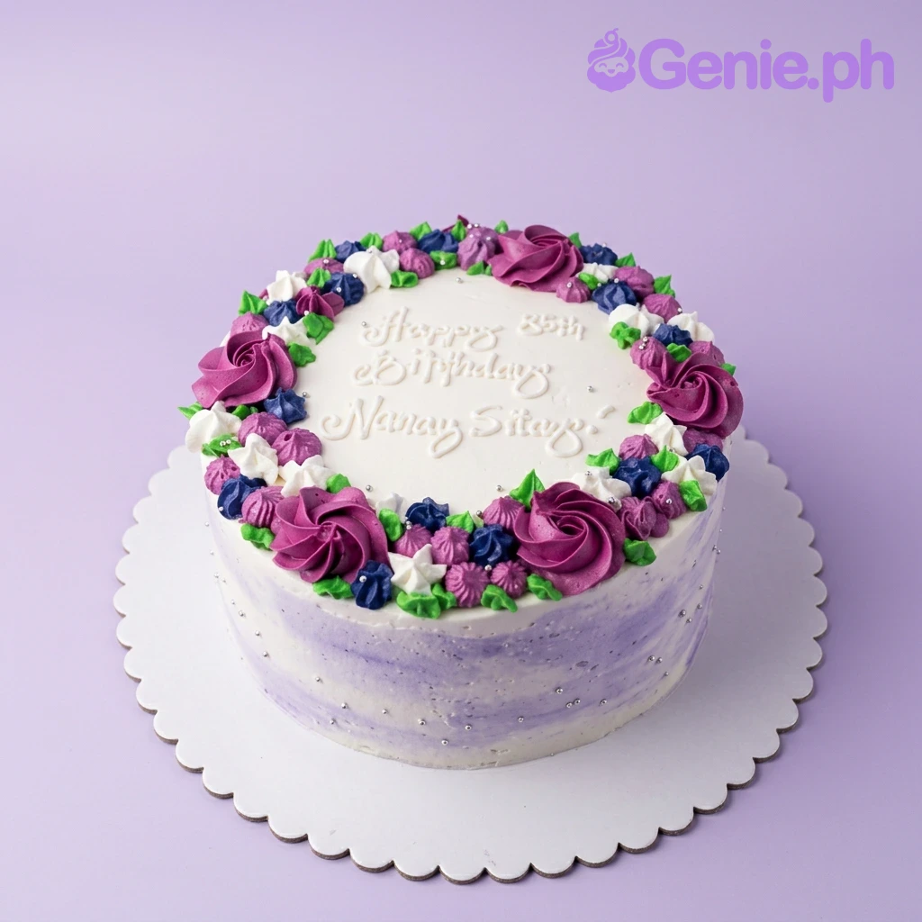 Floral Senior Birthday White Cake A white 1-tier round cake with purple, pink, green, and silver floral decorations, and a birthday message.