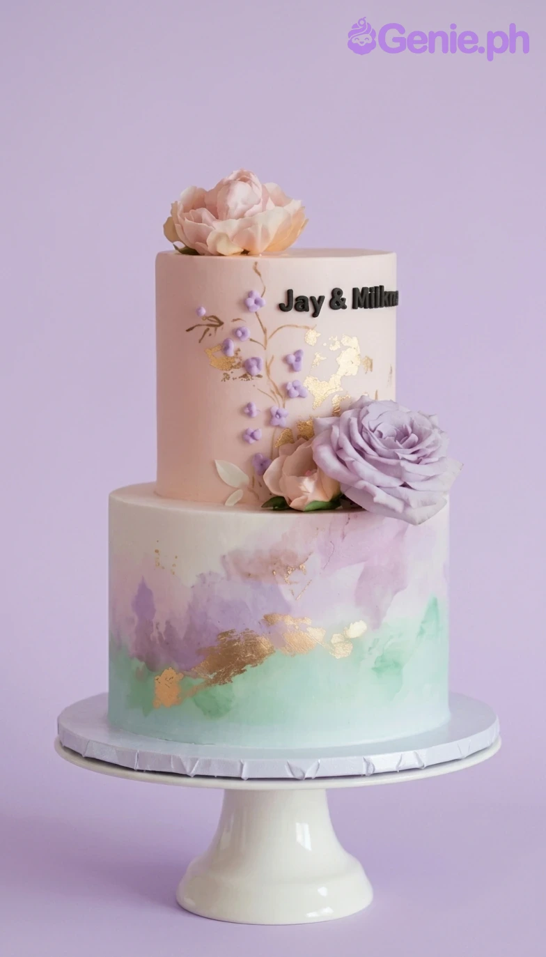 Floral Watercolor 2-Tier Birthday Cake A pink, lavender, and mint green 2 Tier cake themed Floral Watercolor, featuring peach and lavender roses with gold leaf accents.