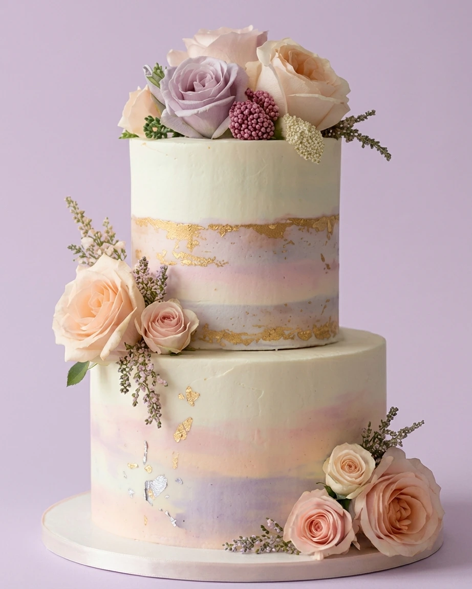 Elegant two-tier floral cake with soft pastel watercolor icing and fresh roses in shades of pink, lavender, and peach.