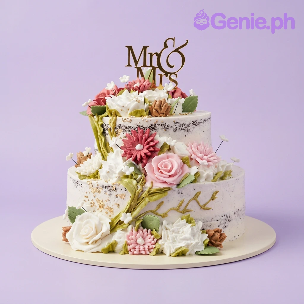 Floral Wedding White 2-Tier Cake A white and pink two-tier cake themed Floral Wedding, featuring a gold Mr & Mrs topper, flowers, leaves, and gold flakes.