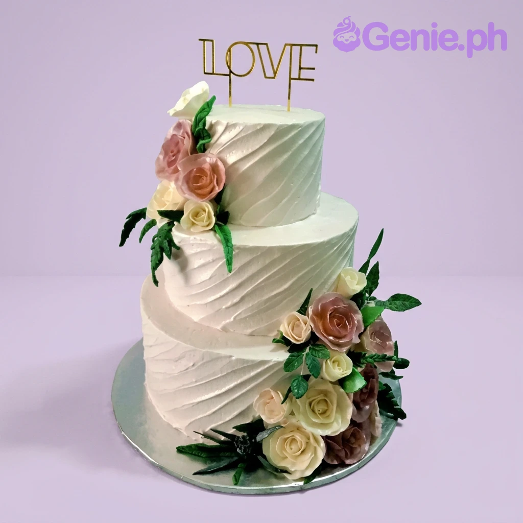 Floral Wedding White 3-Tier Cake A white three-tier cake themed Floral Wedding, featuring a gold 'LOVE' sign and pink and cream edible roses.