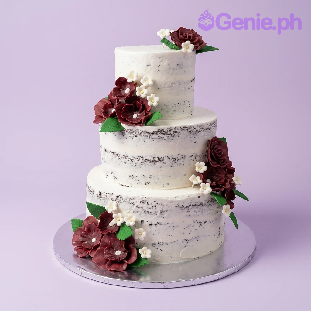 Floral Wedding White 3-Tier Cake A white 3-tier cake themed around Floral Wedding, featuring deep red and white gumpaste flowers and green leaves.