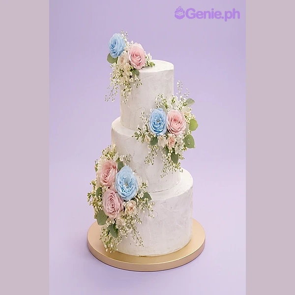 Floral Wedding White 3-Tier Cake Three tier white fondant cake with blue and pink sugar roses and baby's breath